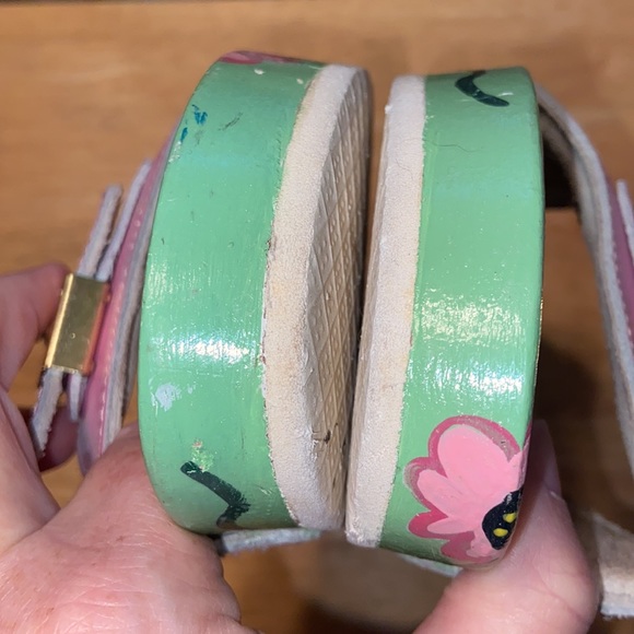 Dr Scholls Hand Painted Pink Patent Leather Wooden Exercise Sandals Vintage 70’s - Picture 5 of 9